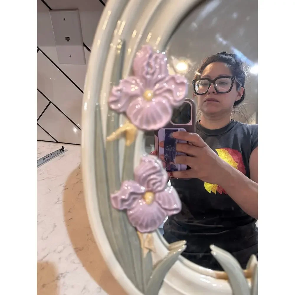 Rare ceramic wall mirror glossy cream finish 3D pink iris flowers green leaves